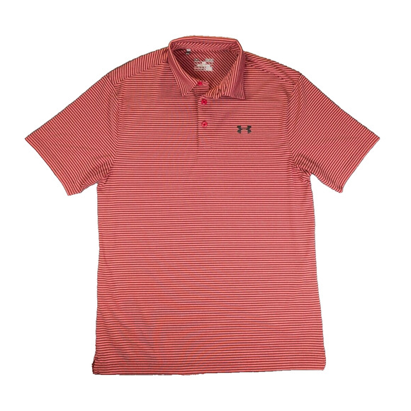 Under Armor Polo Shirt Medium Men's Pink Striped Heat Gear Loose Short Sleeve - Picture 1 of 9